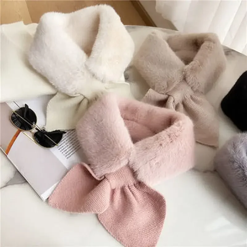 1 Pcs Concise Design New Winter Womens Cross Faux Fur Straps Shawl Soft Scarf Girls Ladies Autumn Knitted
