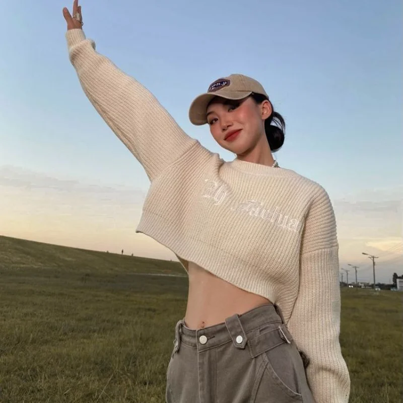 Deeptown Vintage Y2k Women Knitted Sweater Grunge Crop Top Streetwear Female Jumper Hip Hop Style Sexy Pullovers Korean Fashion