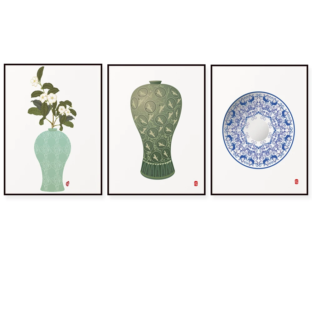 

Korean posters, lotus vase prints, Korean art living room decoration, oriental auspicious signs, ceramics, Asian ceramic gifts