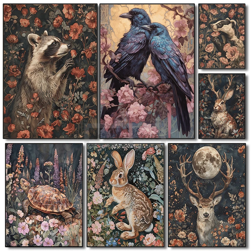 Vintage Floral Animals Poster Dark Cottagecore Academia Whimsical Forest Animal Prints Canvas Painting Wall Art Home Room Decor