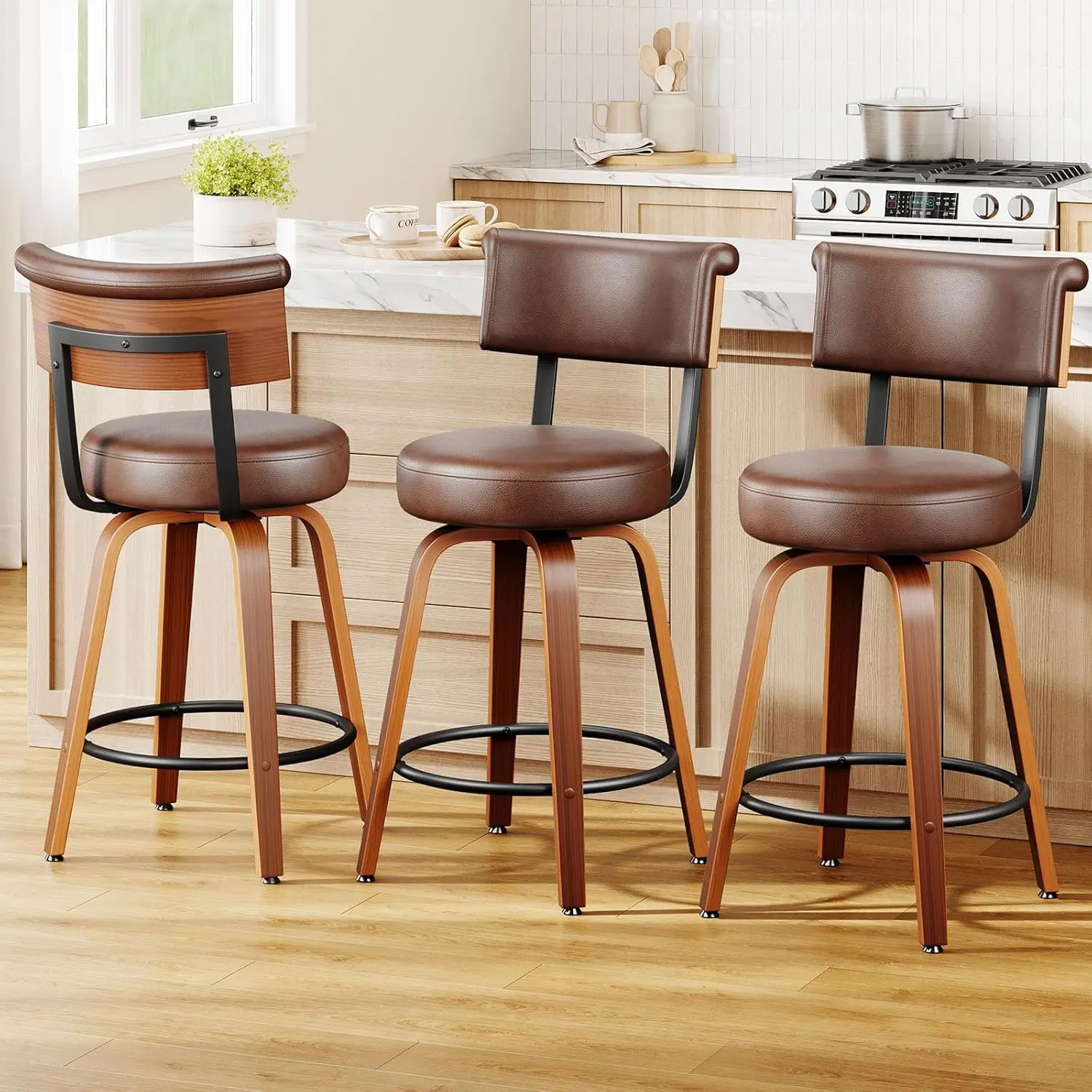 26in Swivel Counter Height Bar Stools Set Of 3 Upholstered Faux Leather With Back Bent Wood Legs Kitchen Brown Customized