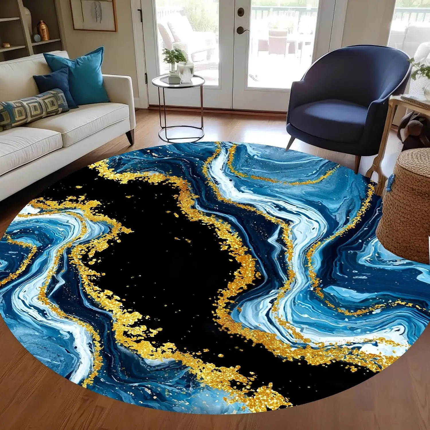 Glowing Gold Ring Round Rug Teal Blue Liquid Ink Marble Area Carpet Abstract Luxury Pattern Living Room Bedside Floor Element
