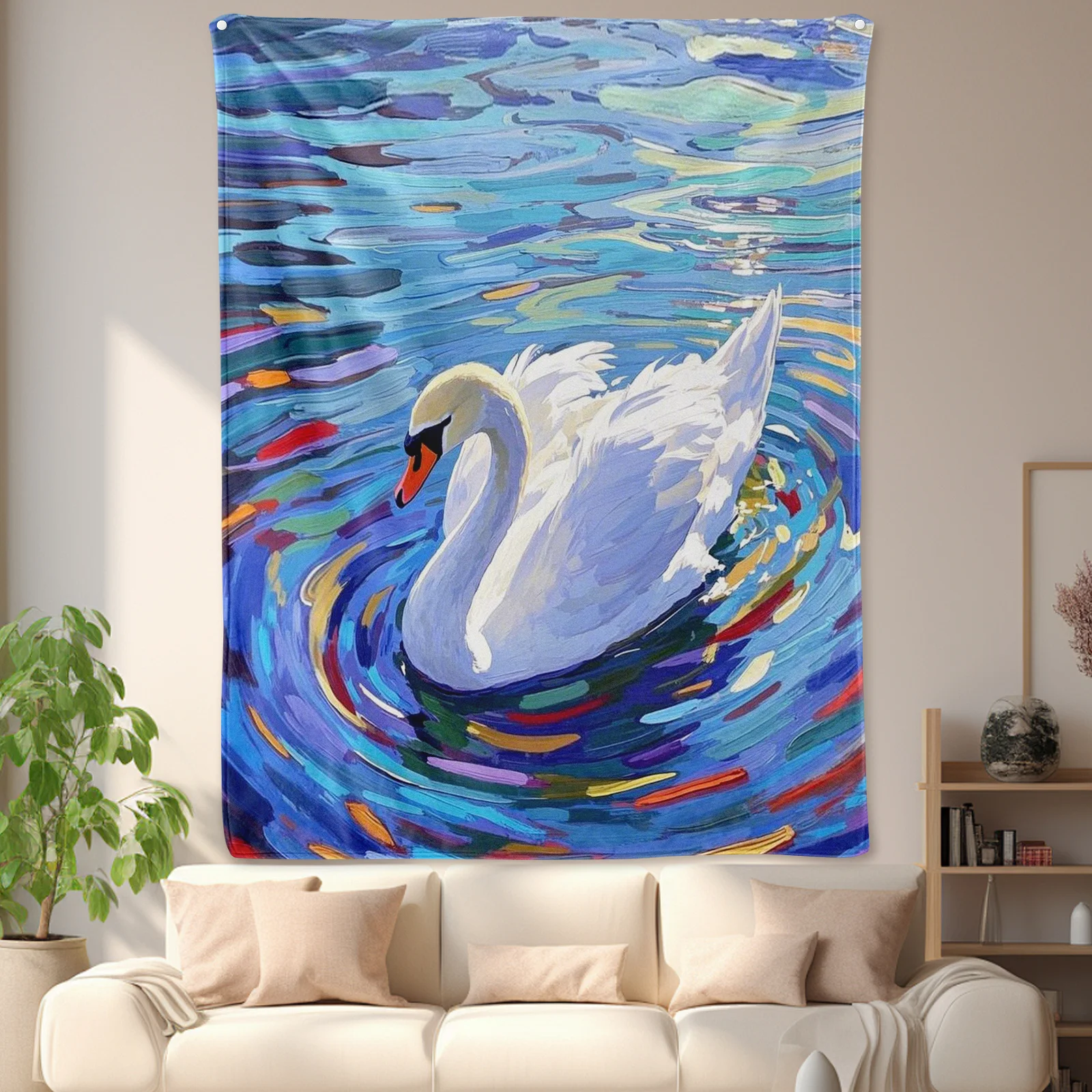 Oil Painting Inspired Swan Design With White Accents And Water Theme Cozy Blanket For Elegant Home Decor And Warmth