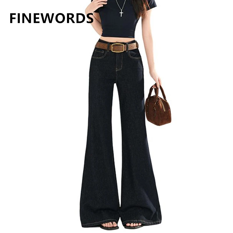 

FINEWORDS High Waist Dark Wash Flare Jeans For Women Y2K Streetwear Bell Bottom Denim Blue Trousers Vintage Fashion Fit Pants