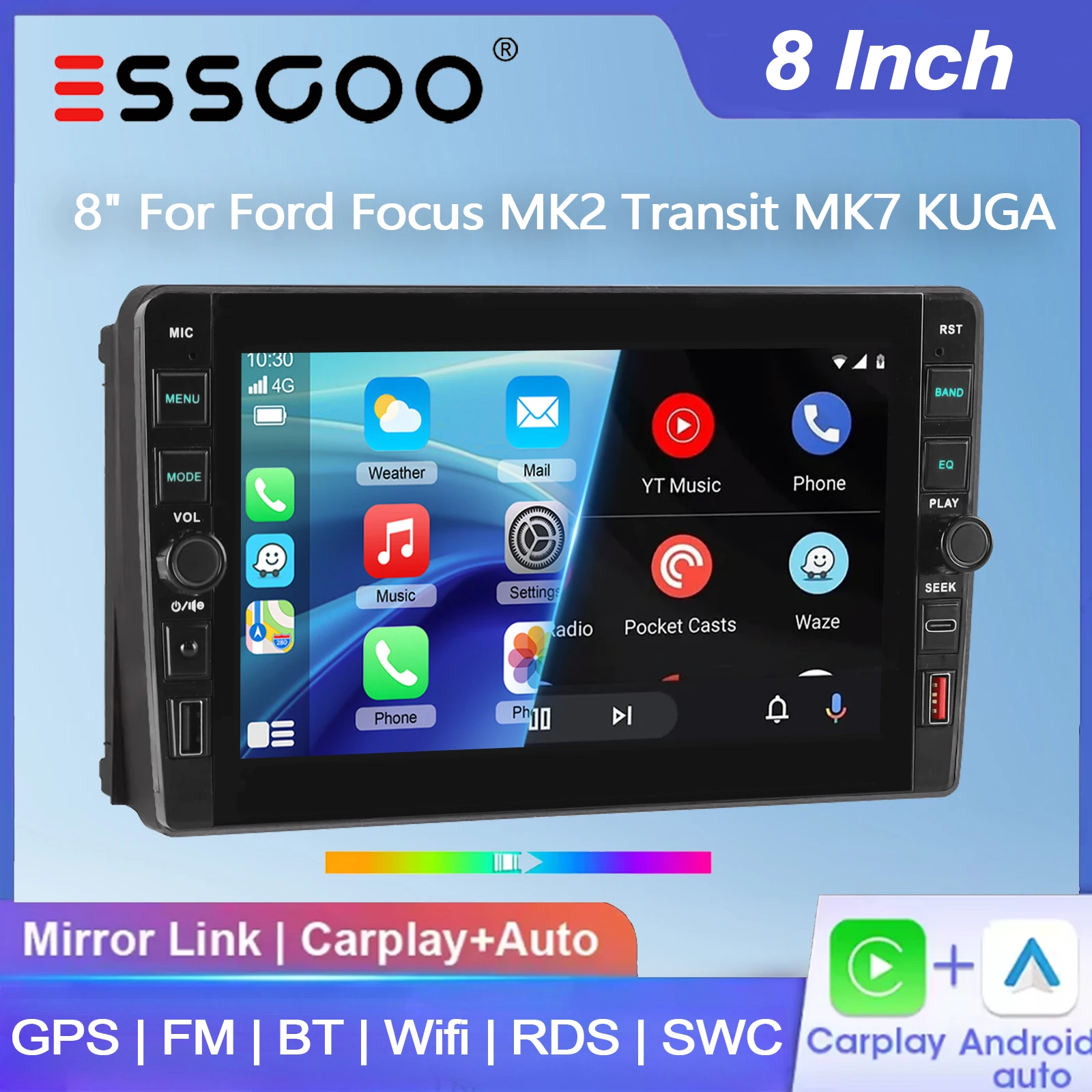 ESSGOO 8" 4+64G Android 15 Autoradio für Ford Focus MK2 Transit MK7 KUGA MK1 Wireless Carplay Android Auto GPS-Navigation USB Typ-C FM BT WiFi RDS ASP Mirror Link SWC Multimedia-Player IPS Touchscreen