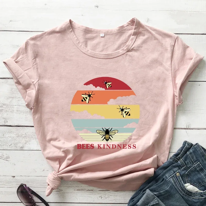 Y2k Short Sleeves Sunmmer T Shirt Colorful BEE KINDNESS T-Shirts Beekeeper Cotton Tops Women Trendy Casual Artistic Tee Top