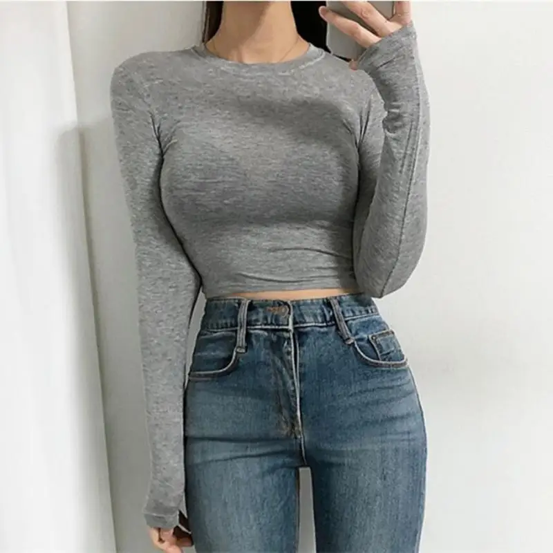 كم طويل عادية المحاصيل القمم المرأة الأساسية تي شيرت الربيع س الرقبة امرأة الصلبة سليم المحملة Y2k الملابس مثير رقيقة انظر من خلال تي شيرت #1