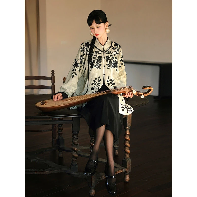 Outono novo cardigan camisa chinesa feminina tradicional bordado oriental mangas compridas vintage tang qipao hanfu topos