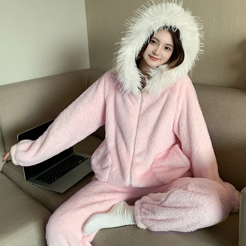 

Pajama Sets Zip Up Women Lazy Morning Terry Hooded Sleep Set Comfortable Casual Full Length Pants Relaxed Fit Home Clothing 2026