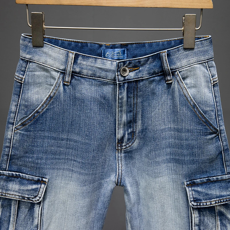 High -quality American retro workers elastic denim shorts Baggy Jeans loose large -size straight pants high street pants