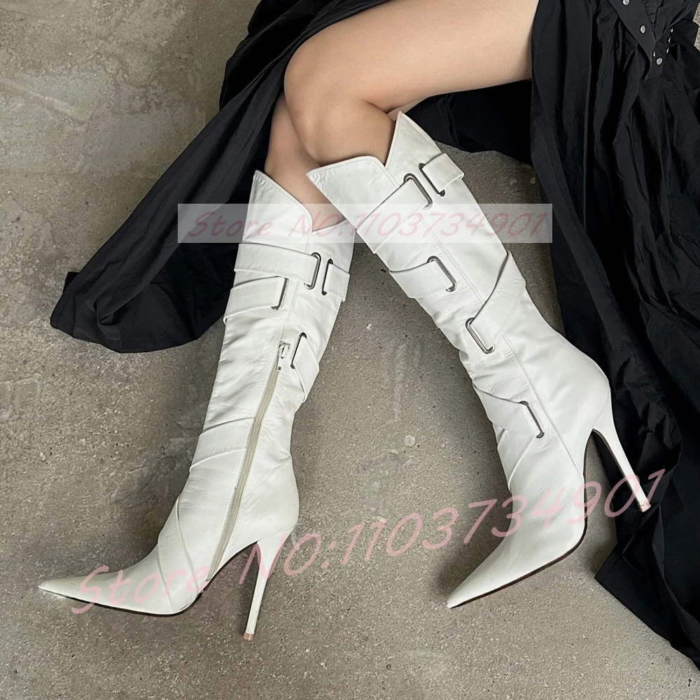

Cross Strap Metal Buckle Knee High Boots Women Casual White Leather Pointed Toe High Heels Boots Female Modern Footwear