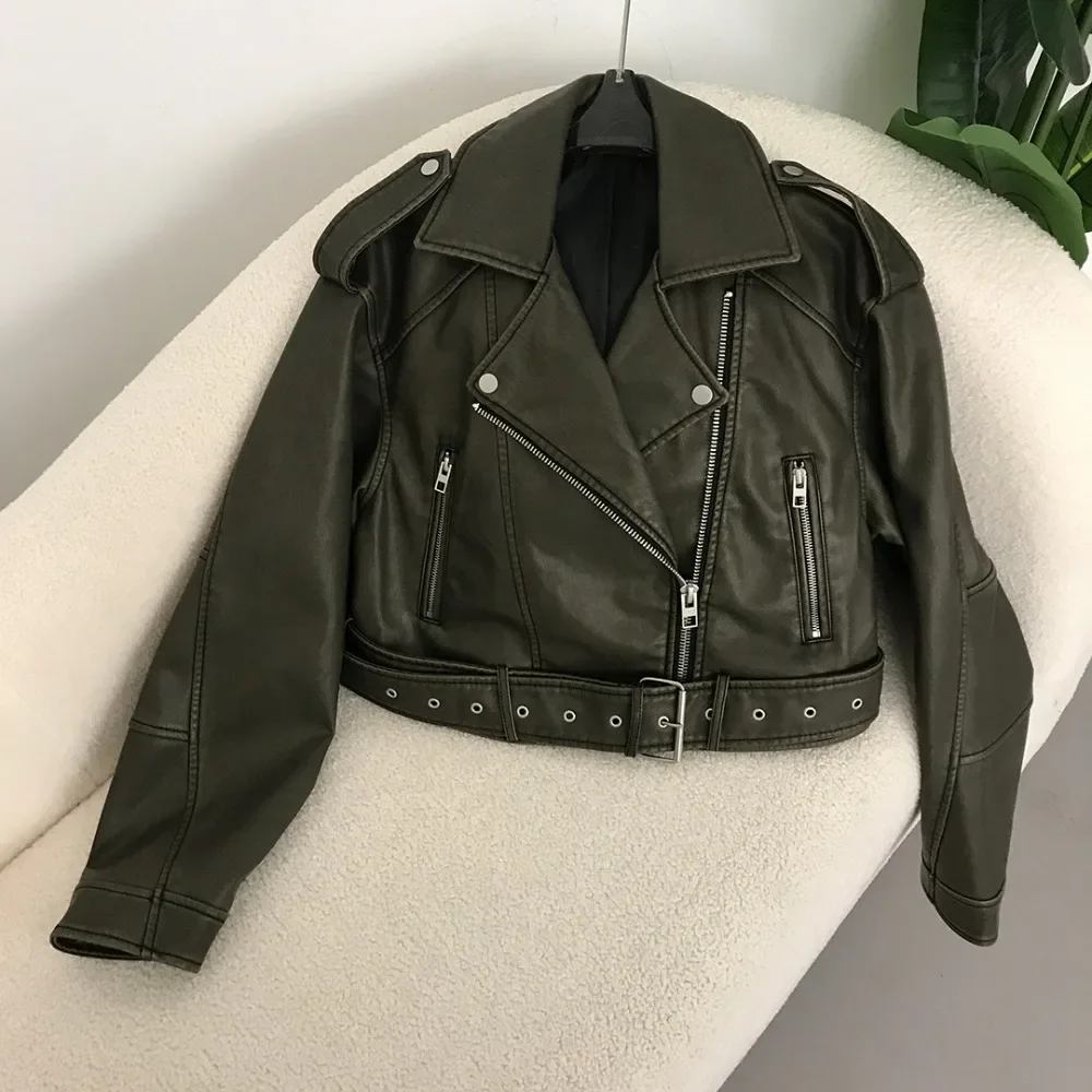 New Fashion Spring Faux Leather Jacket Woman Vintage Chic American street wear Short Lapel Zipper Belt Biker Coats Streetwear