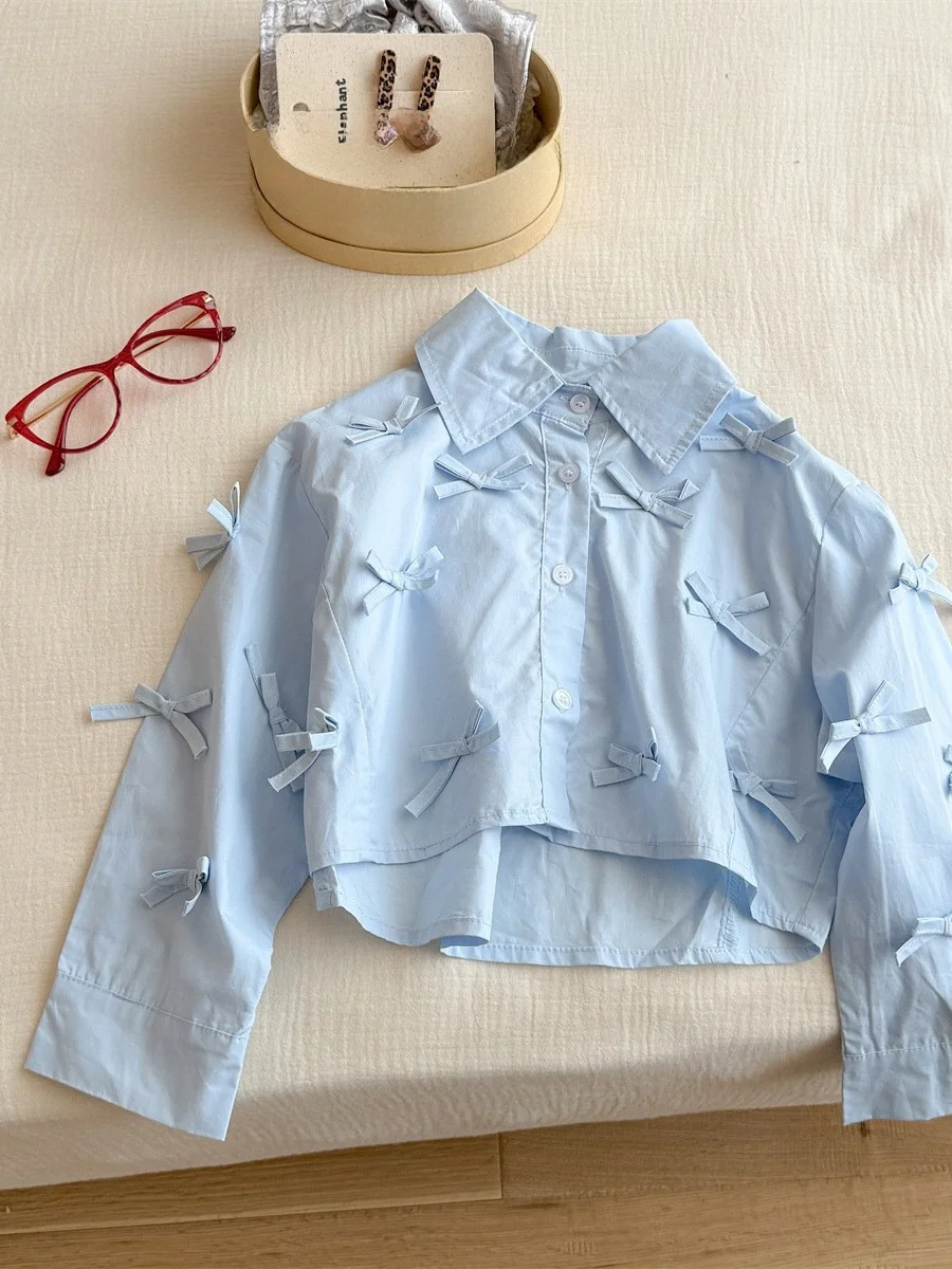 

Girls' Knot irt Casual Blue Korean Sle Children's Autumn Faion Long Sve round Ne Pullover Silk Top