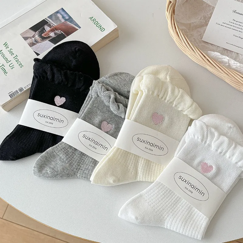 

Japanese Casual Kawaii Socks White Embroidered Heart Mid Calf Socks Lace Ruffle Cuff Breathable Cotton Spring Summer Cute Socks