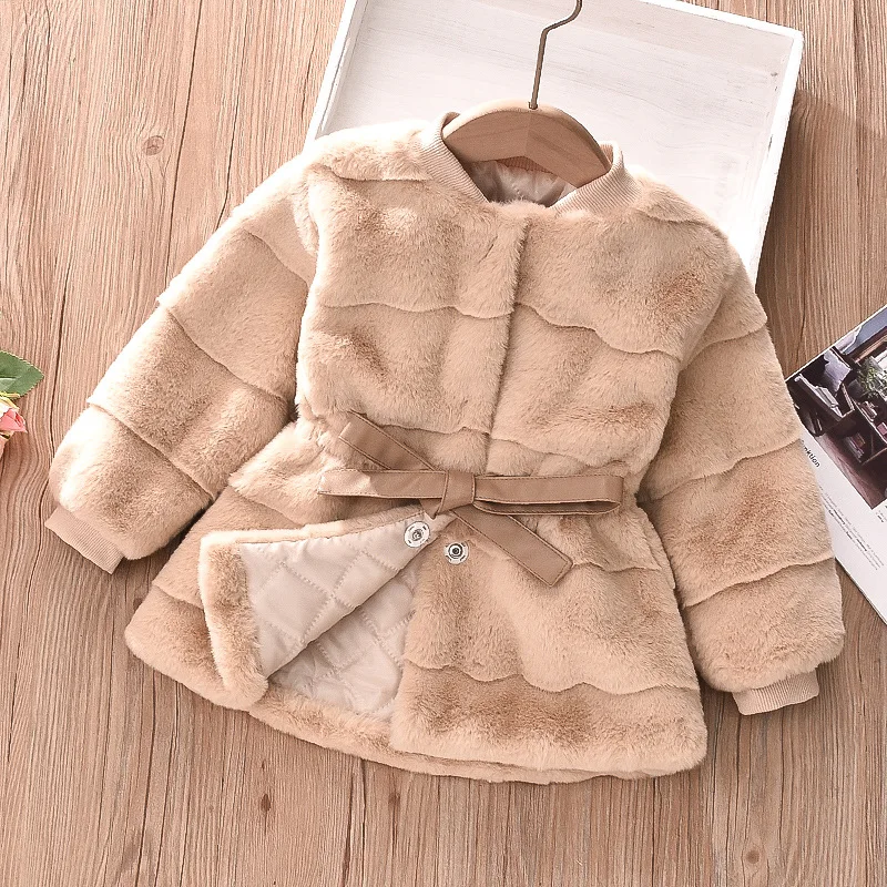 New Winter Baby Girls Jacket Plush Fur Keep Warm Belt Design Lined With Velvet Thick Coat For Kids Children Bithday Present