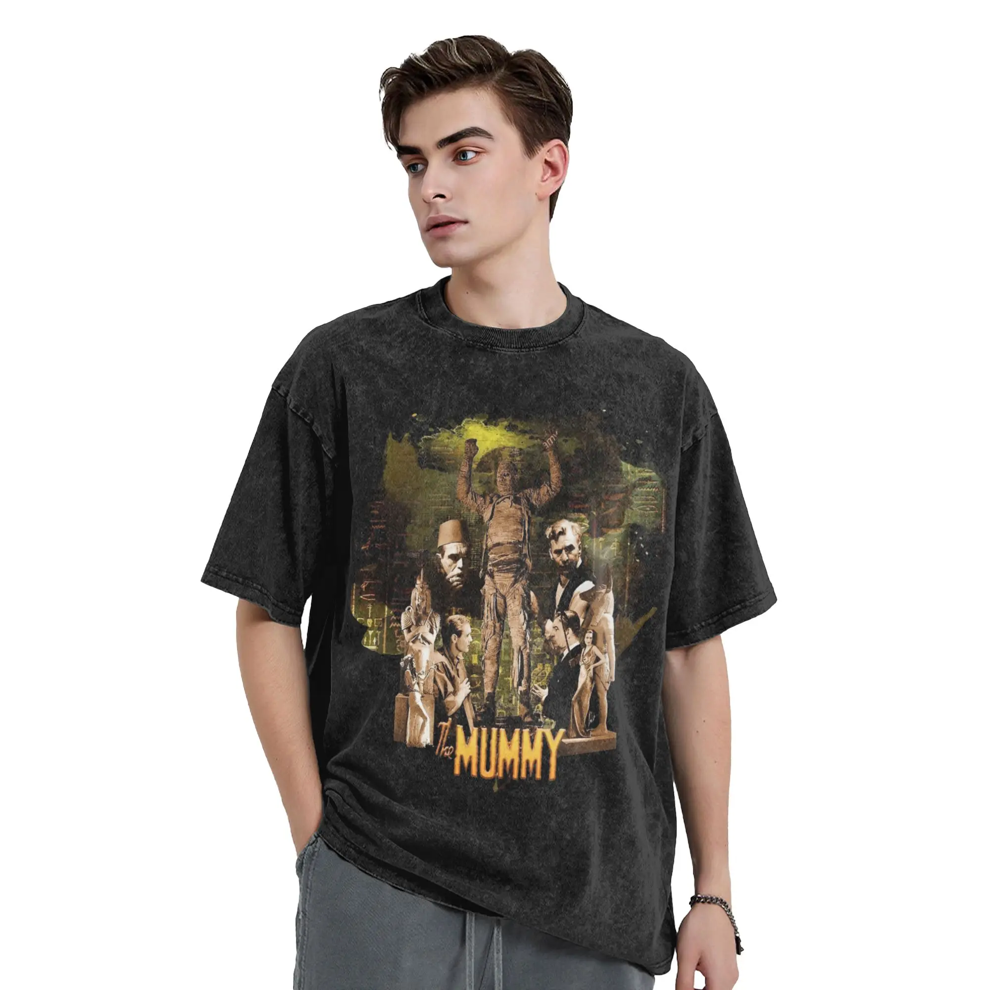 Aesthetic The Mummy Vintage Washed T-Shirt Men Cotton Short Sleeve  Round Neck Summer Clothes