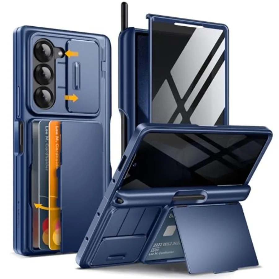 

Синий прочный чехол-кошелек с защитой шарниров, антишпионским экраном для конфиденциальности и выдвижной крышкой для камеры для Samsung Galaxy Z Fold