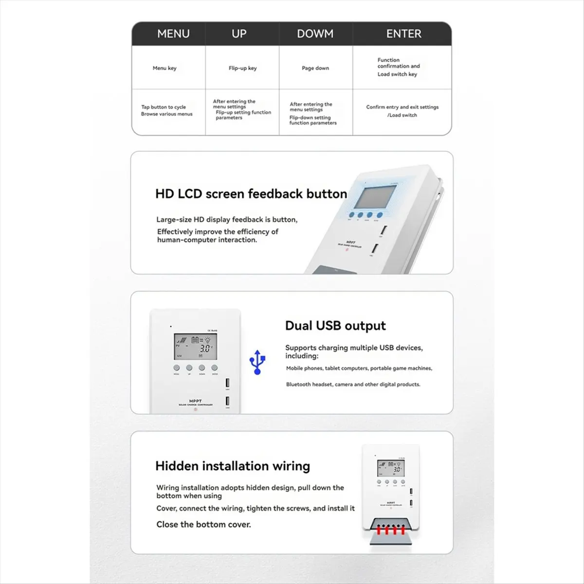 

SWXF MPPT Контроллер заряда солнечной батареи 30A 12 В/24 В Двойной USB солнечный контроллер с ЖК-дисплеем для солнечной энергии Умный дом