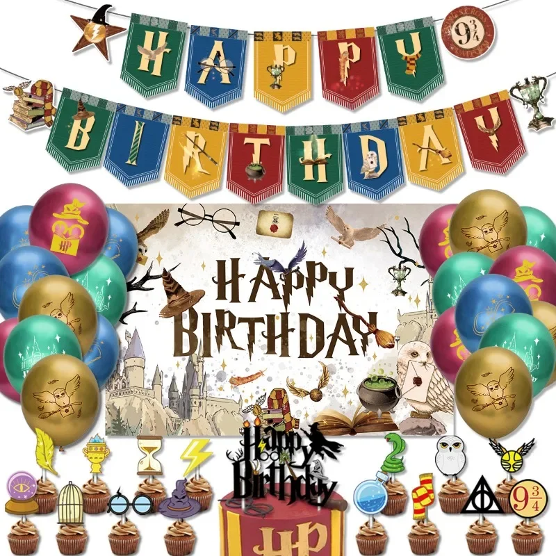 Cartoon Magic Academy Verjaardagsfeestje Supply Wegwerp Banner Cake Topper Hangende Vlag Ballonnen Set Hot Harries Decoratie - afbeelding 2