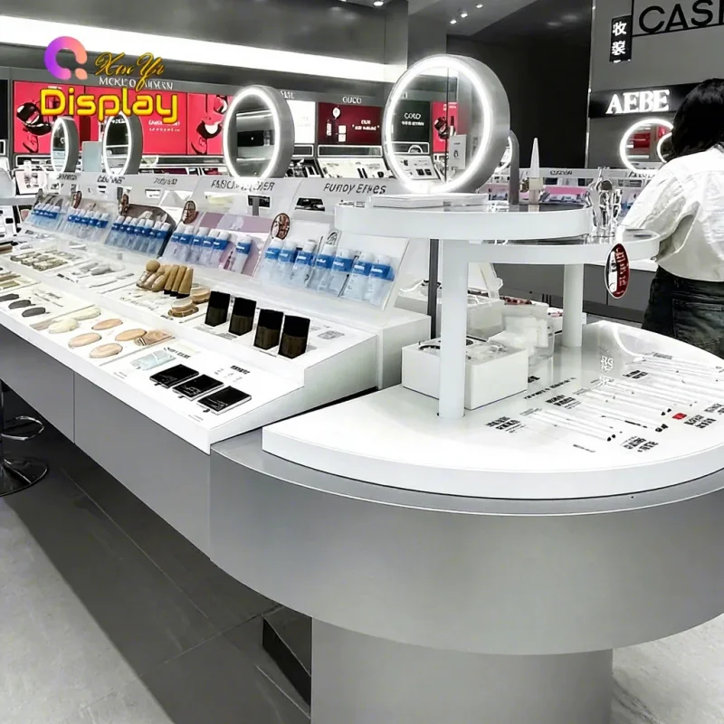 custom.Custom Modern Luxury Stainless Steel LED Lighting Recyclable Makeup Display Showcase | OEM ODM Beauty