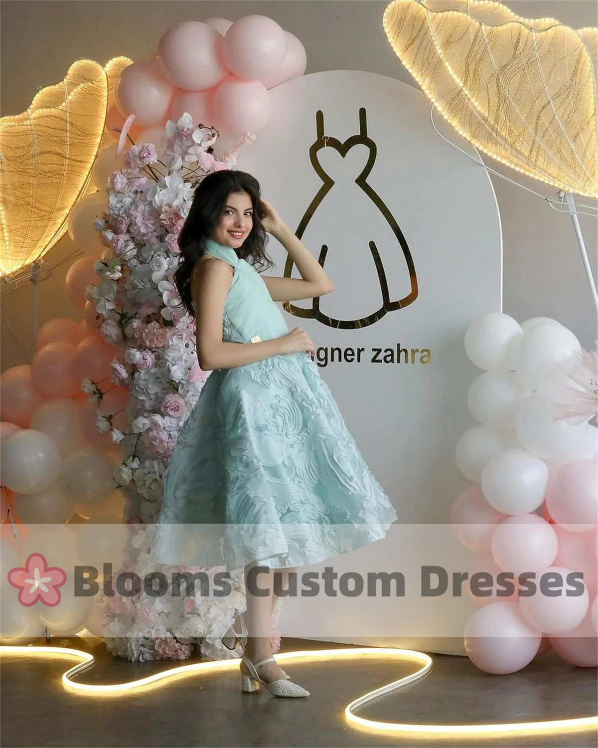 Blooms Sweet Mint Green Lace A-Line Customized Prom Dress For Birthday Pleated Halter Evening Dress Party Gown Short Dress