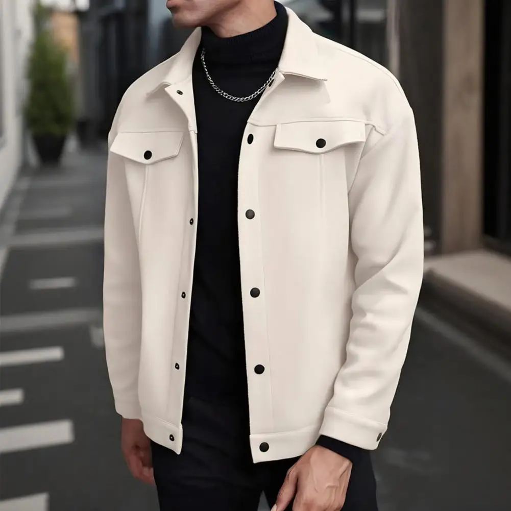 

Шерстяное пальто Стильное мужское шерстяное пальто с лацканами и карманами-клапанами, деловая куртка с длинными рукавами на осень-зиму, однотонное для мужчин