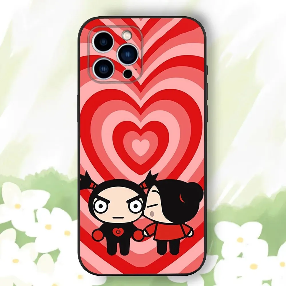 Cute P-Pucca G-Garu Cartoon Phone Case For iPhone 16,15,14,13,12,11 Plus,Pro Max,XS,X,XR,SE,Mini,8,7，Soft Silicone Black Cover