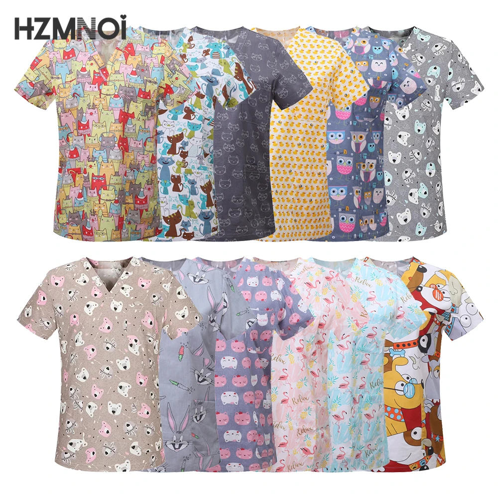 

Cartoon Animals Print Pet Clinic Hospital Nursing Scrub Tops Shirts cotton Dentistry Doctor Blouse Medical Surgical Uniforms