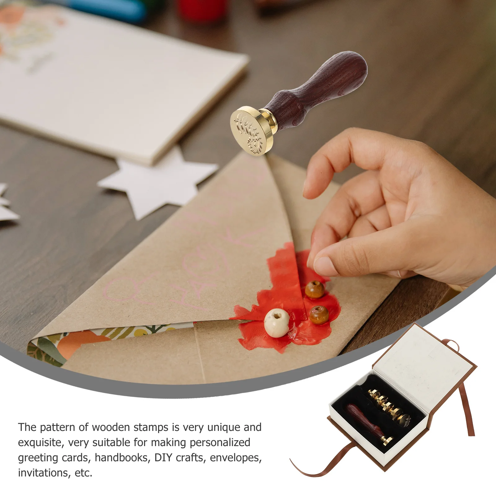 

6Pcs Vintage Copper Set Retro Style Wooden Handle for Invitations Letters Cards Elegant Wax Seal Kit
