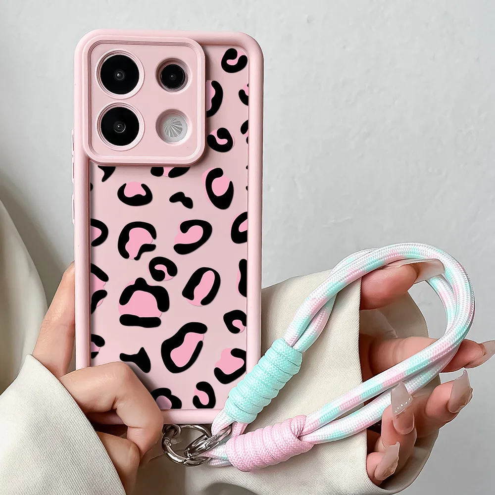 Pink Leopard Print Case For Xiaomi 14T 13T 12T 11T 15 14 12 13 Lite Poco X7 X6 X5 X3 F5 F6 Pro Wrist Chain Lanyard Cover