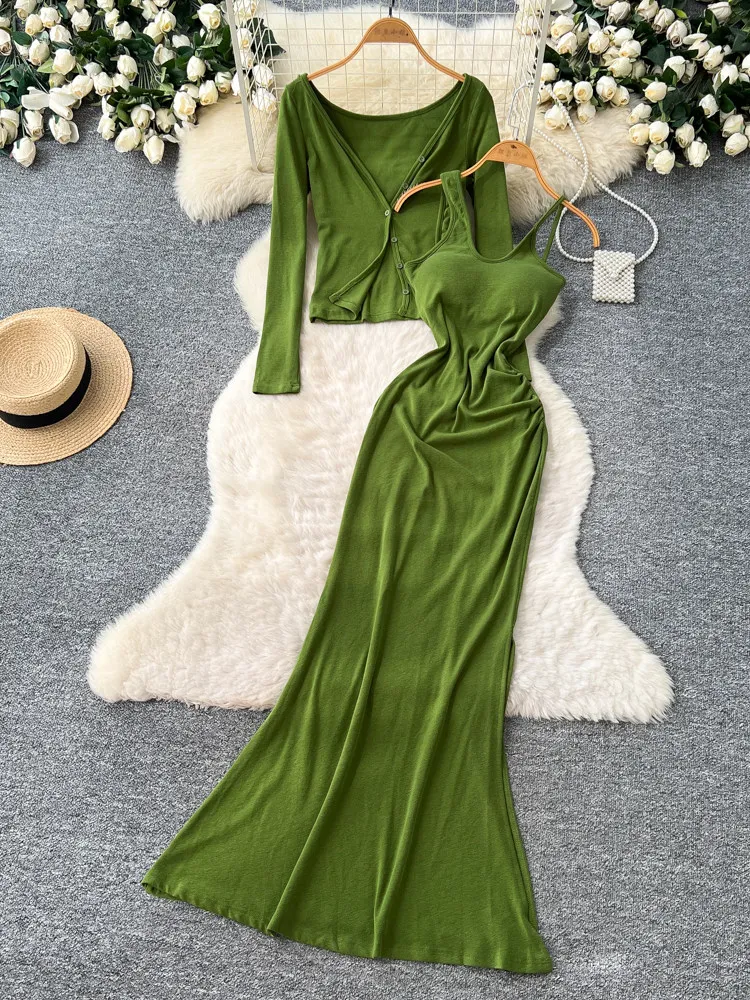 

Корейский комплект: вязаный кардиган с длинными рукавами и платье с завышенной талией для женщин, весна-осень, облегающий крой