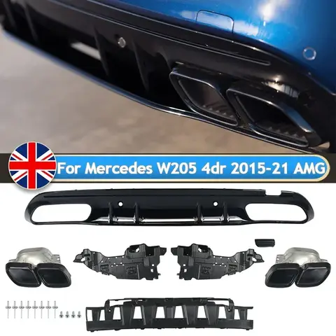Rear Bumper Diffuser + Exhaust Tips Black For Mercedes W205 C300 Sedan 2015+ AMG
