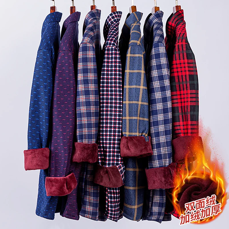 Men\'s long-sleeved shirt plus fleece thickening business casual autumn and winter plaid comfortable trend everything soft top