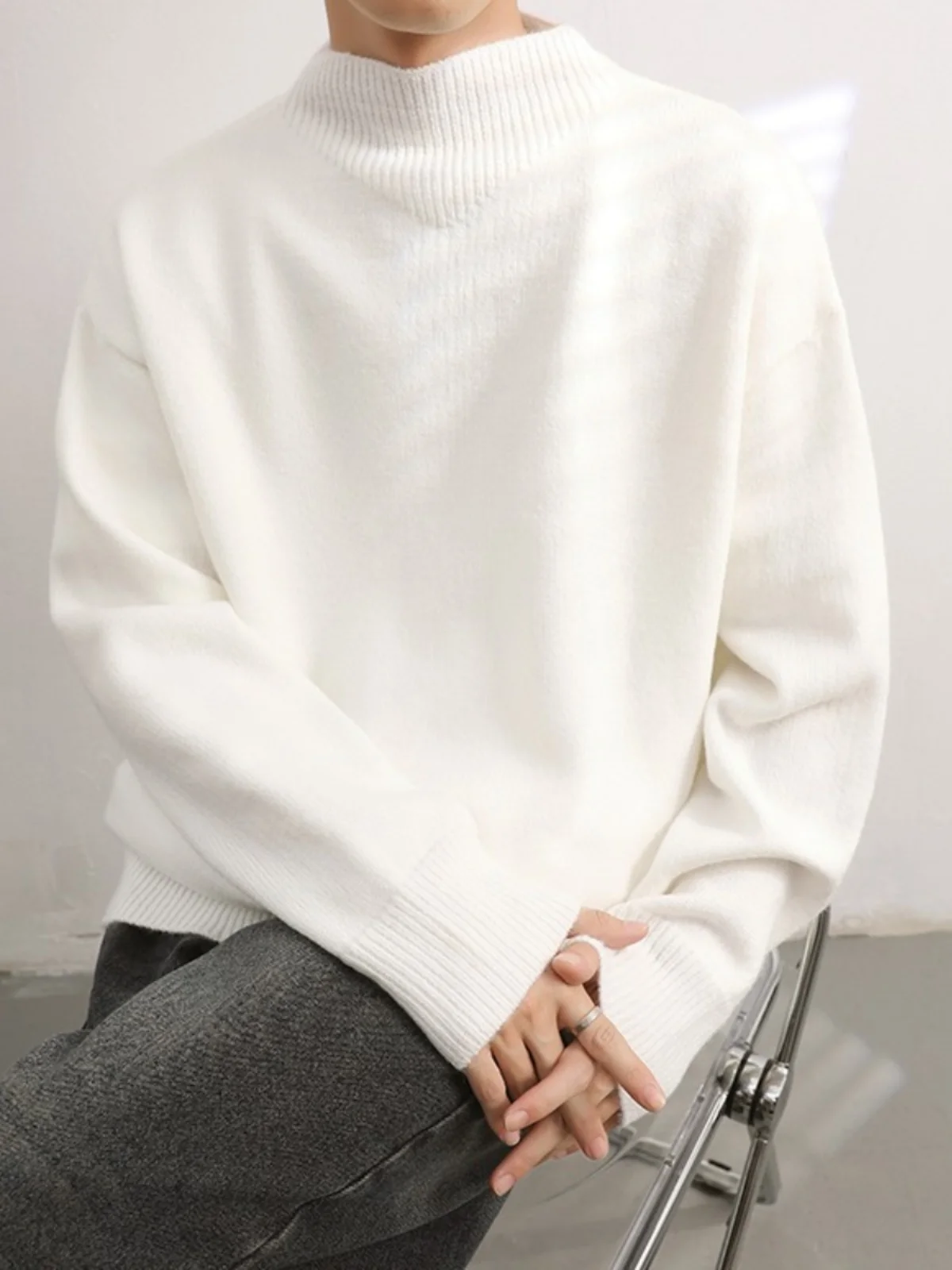 

Мужской свитер с высоким воротником на осень-зиму, свободный повседневный однотонный вязаный джемпер с длинным рукавом, базовый элемент молодежного гардероба