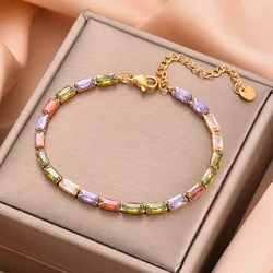 Stainless Steel Colorful Cubic Zirconia Crystal Bracelet Fashion Women's Bling Bangle Chain High-Grade Premium Jewelry Gift
