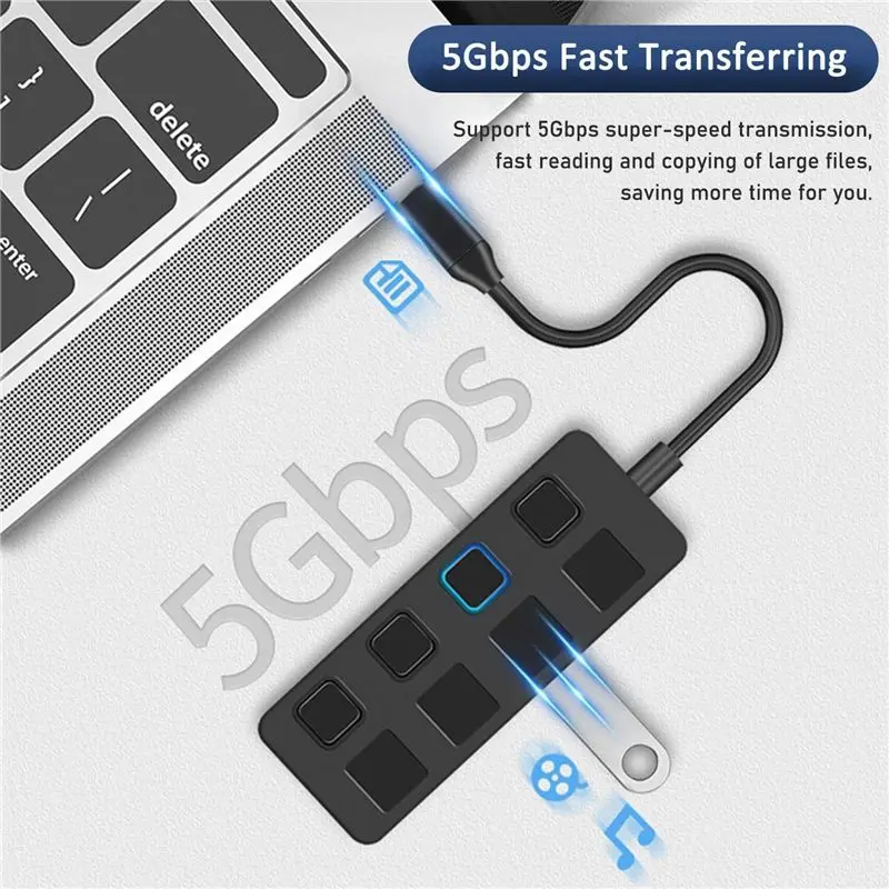 AAAE 4 Ports USB 3.0 Hub with Individual LED Lit Power Switches USB HUB Adapter Expander Multi USB Splitter for PC