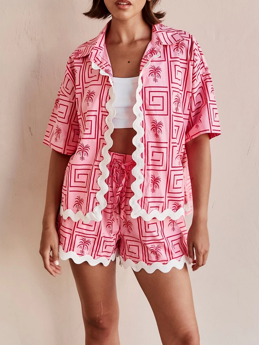 Women 2 Piece Pj Sets Y2K Print Short Sleeve Button Down Tops & Drawstring Shorts Summer Beach Vacation Lounge Sets