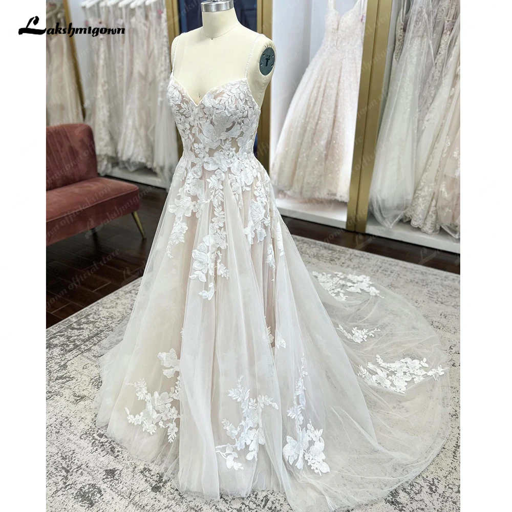 Lakshmigown-Vestido de novia largo con encaje Floral para mujer, con tirantes finos traje de novia, estilo Civil, elegante, 2023