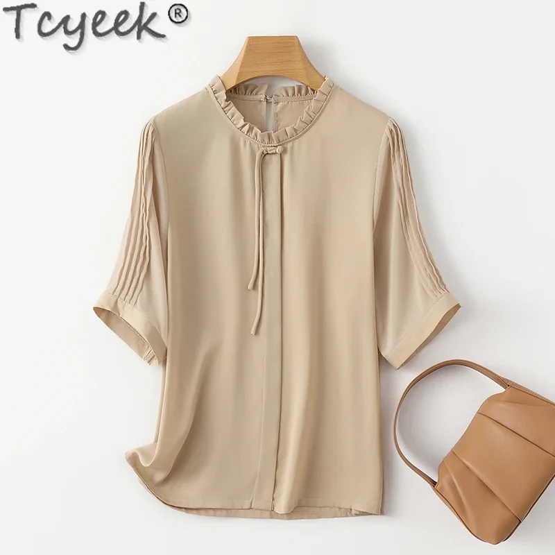 

Tcyeek 92% Mulberry Silk Blouse 2024 Elegant Female Blouses Short Sleeve Top Summer Clothes Womens Tops Solid Blusas De Mujer