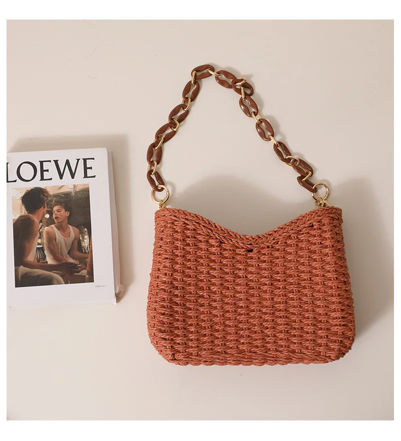 Straw Woven Bag for Women: Solid-Color Shoulder Bag for Beach Vacations Soft, Durable, and Spacious Tote Bag - view 3