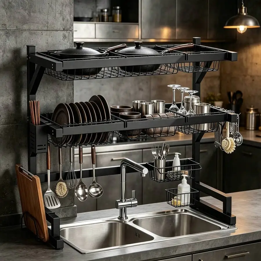 2-Tier Kitchen Over Sink Dish Rack, Heavy Duty Dish Storage Shelf With Multi Baskets And Hooks For Small Apartment Kitchen Count - view 4