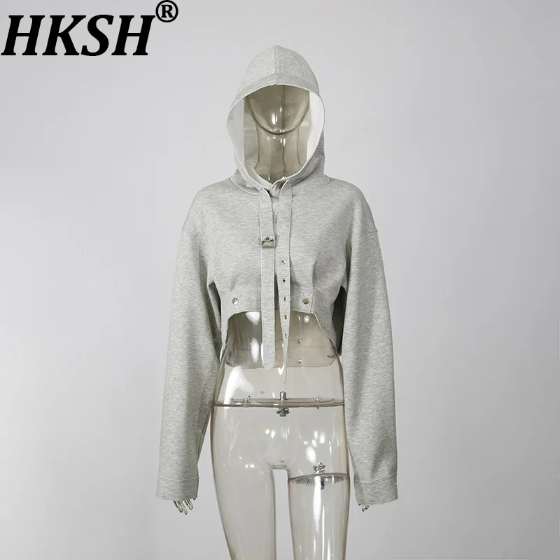 HKSH Women Cropped Sweatshirt Trendy Versatile High-end Pleated Patchwork Design Waist Cinching Long Sleeved Hooded Coat HK27738