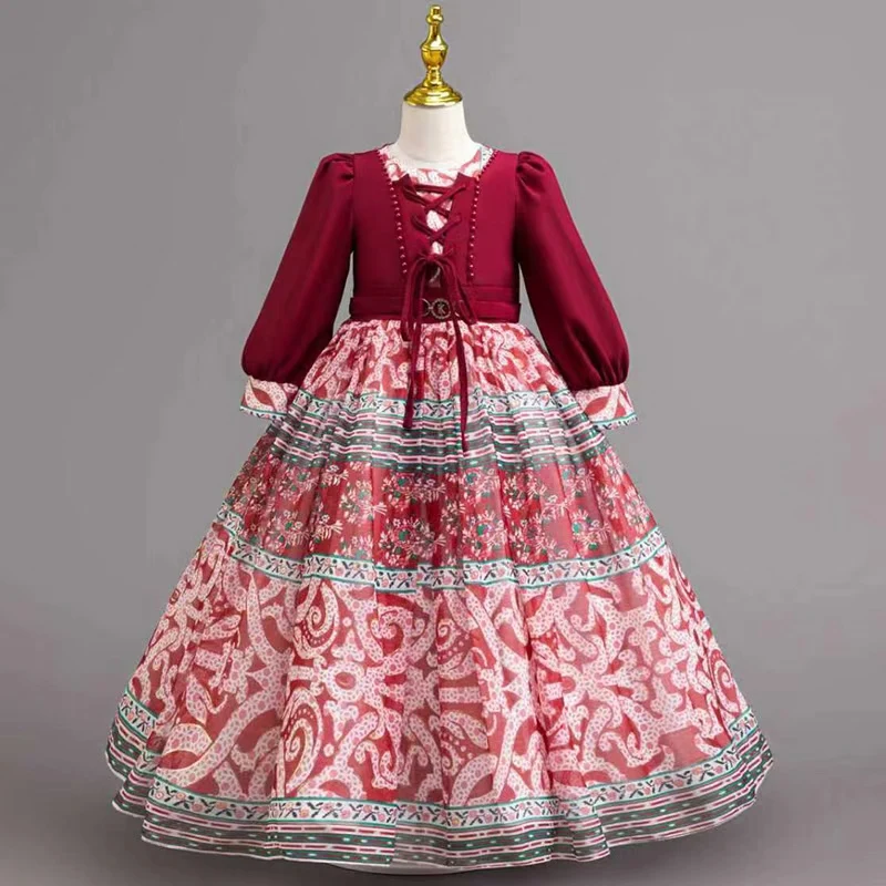 

Autumn new chiffon strap children's princess dress, girls' festival performance dress, retro floral girls' long dress