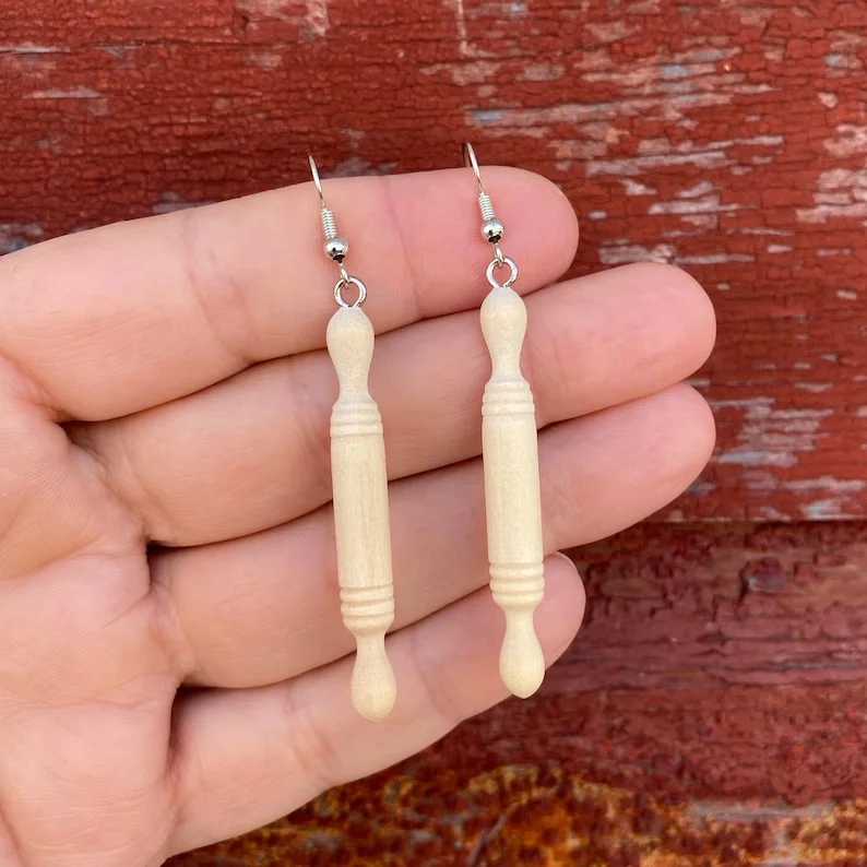1 Pair Wood Rolling Pin Chef Baker Unique Novelty Dangle Earrings