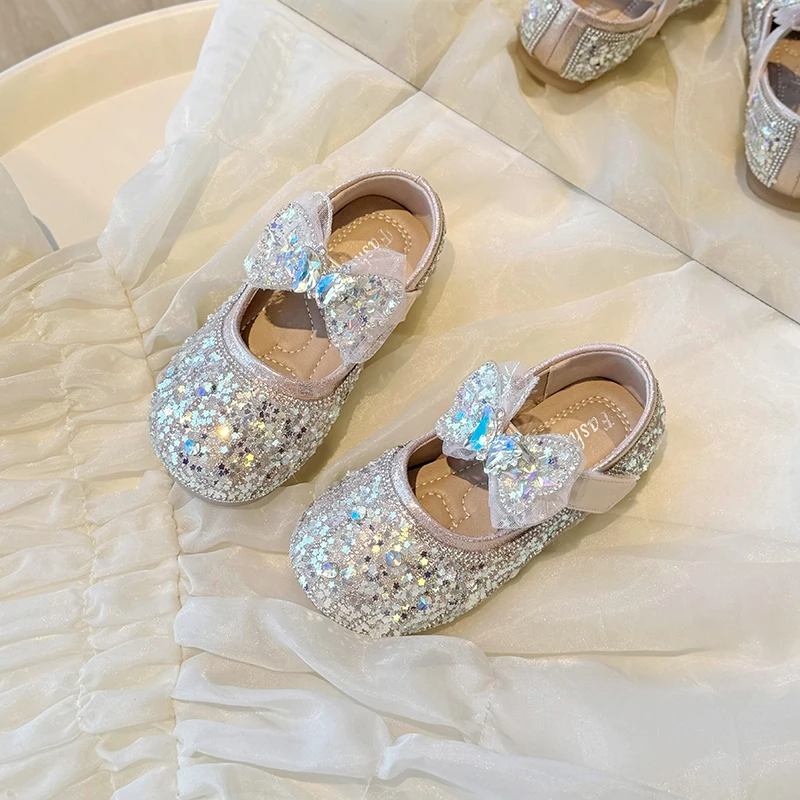 Children\'s Summer Fashion Sequined Shoes Girls Cute Rhinestone Pearl Bowknot Princess Shoes Wedding Shoes Flat Heel Sandals