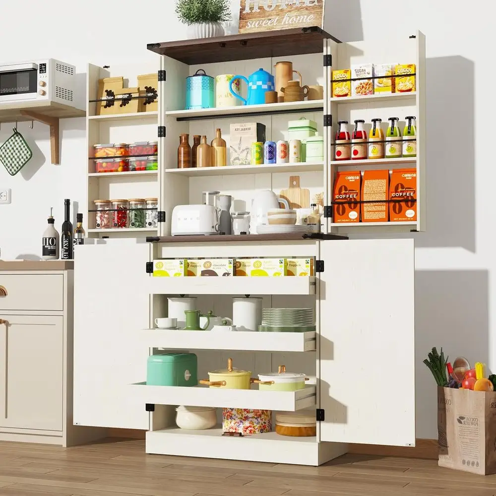 

Rustic 71 Tall Wood Kitchen Pantry Cabinet with 3 Drawers, 6 Door Shelves, and Steel Pipe Support for Kitchen and Dining Storage