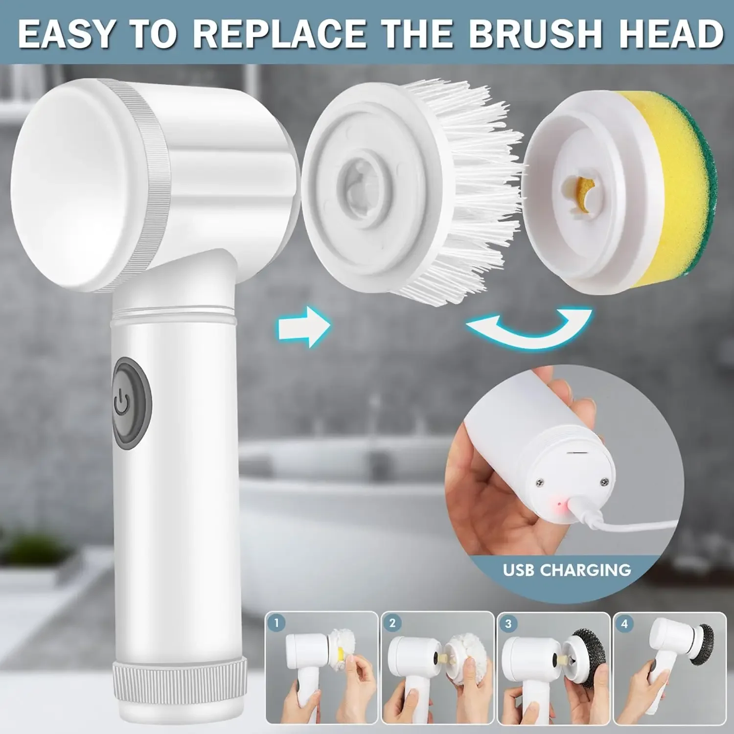 Electric Spin Scrubber Bathroom 5in1 Cleaning Brush Power Scrubber With 5 Replaceable Brush Heads Electric Cleaning Brush