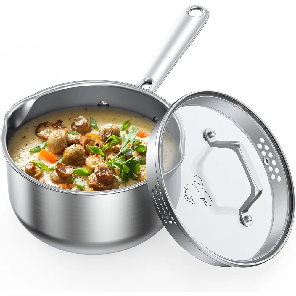 

Stainless Steel Saucepan 2.5 Quart with Glass Strainer Lid, Thicken Tri-ply Full Sauce Pot, Two Side Spouts for Easy Pour