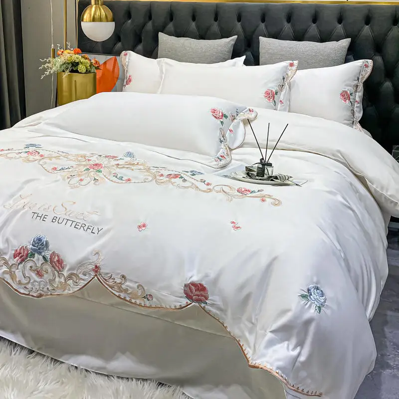 Luxury Flowers Embroidery White Duvet Cover Set Satin Cotton Bedding 4PCS Solid Color Bedspread Sheet Pillowcases Home Textile