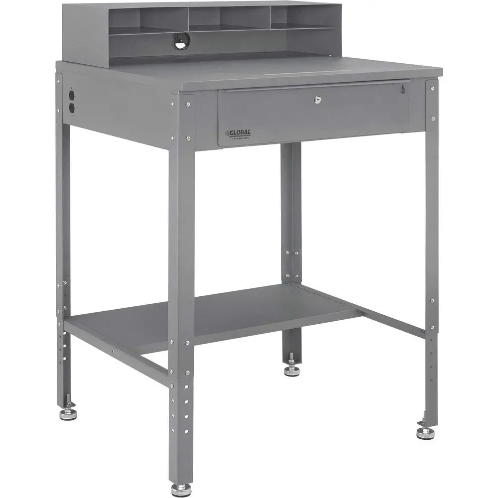 

lat Suraced Shop Desk with hole Riser & Cylinder Lock Der, 34-1/2"W x 30" D x 38" to 42-1/2"H, Gray Powder Coat inish, Assembly